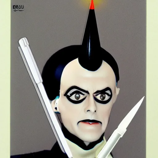 Prompt: a high quality product photo ad of klaus nomi with a technical reed rollerball pen exacto knife by junji ito and william joyce, ethereal eel