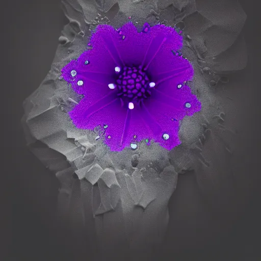 Image similar to a small singular beautiful flower blooming, low poly art, black and white with purple highlights, liquified, glitch art, decayed, 3 d object, digital art, dark atmosphere, fantasy, trending on behance, by alberto seveso, by david mcleod, octane render, unreal engine