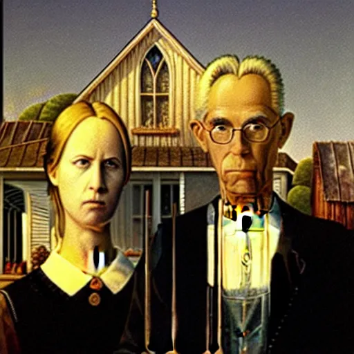 Prompt: cloud strife and sephiroth in grant wood's american gothic