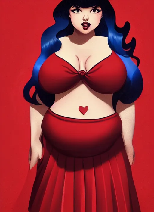 Image similar to full body portrait of teenage veronica lodge, obese, bangs, sultry, realistic, sultry smirk, wavy hair, red skirt, fat, belly, intricate, elegant, glowing lights, highly detailed, digital painting, artstation, concept art, smooth, sharp focus, illustration, art by wlop, mars ravelo and greg rutkowski