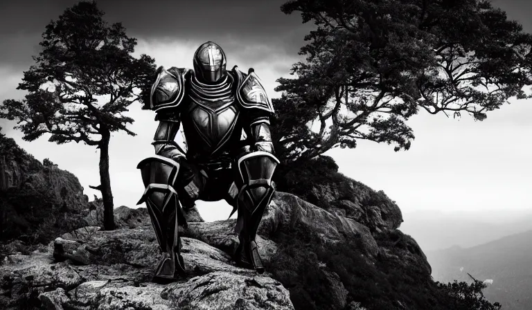 Prompt: black and white armor futuristic knight sitting on top of a mountain looking at the sunset, close shot, 8k, cinematic, epic, ultra detailed, award winning, trending on artstationHD, dramatic