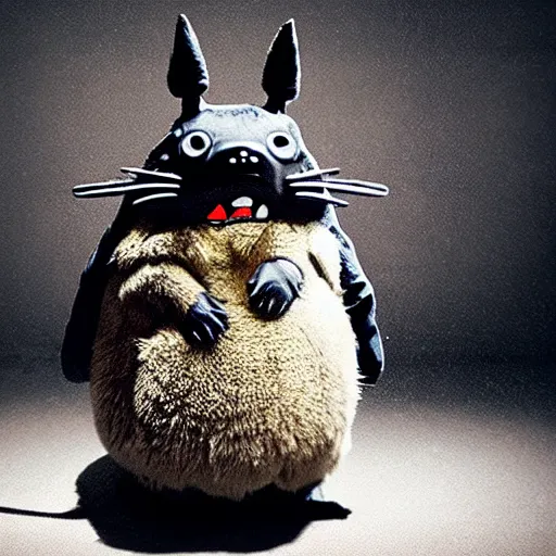 Image similar to action photograph of a terrifying totoro with glowing eyes about to attack the camera from the shadows, gothic, horror film, claws, sharp teeth, aggressive violent realistic flash photography