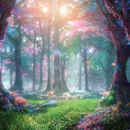 Image similar to the aesthetic view of the beautiful, grand, wistful, dreamy hidden forest at dusk, hyperrealistic anime illustration by iralki nadar, colorful, extremely detailed, intricate linework, super sharp focus, bright colors, octopath traveler, studio ghibli, unreal engine 5 highly rendered, global illumination, radiant light, detailed and intricate environment