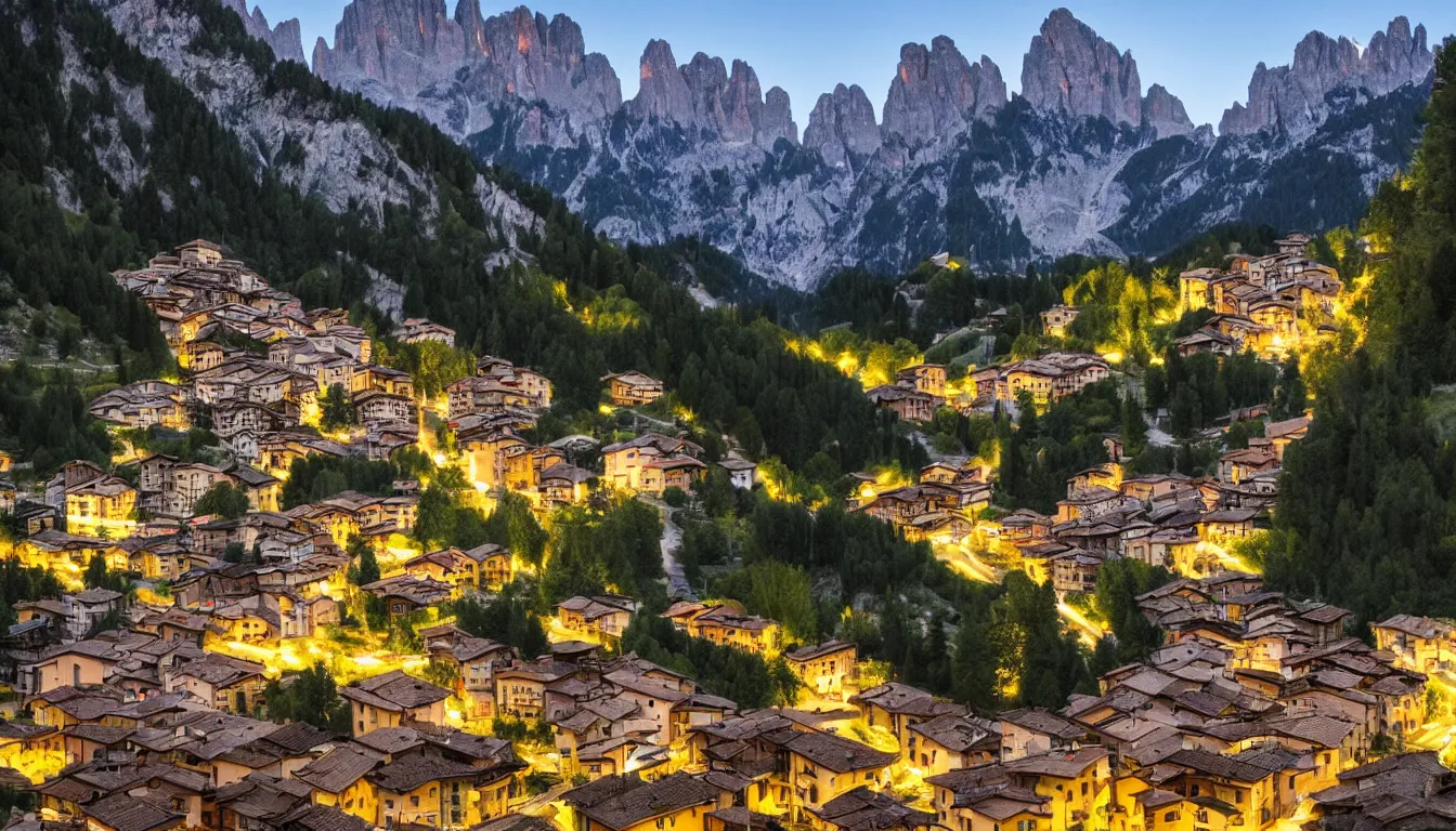 Prompt: an italian town in the dolomites mountains, night