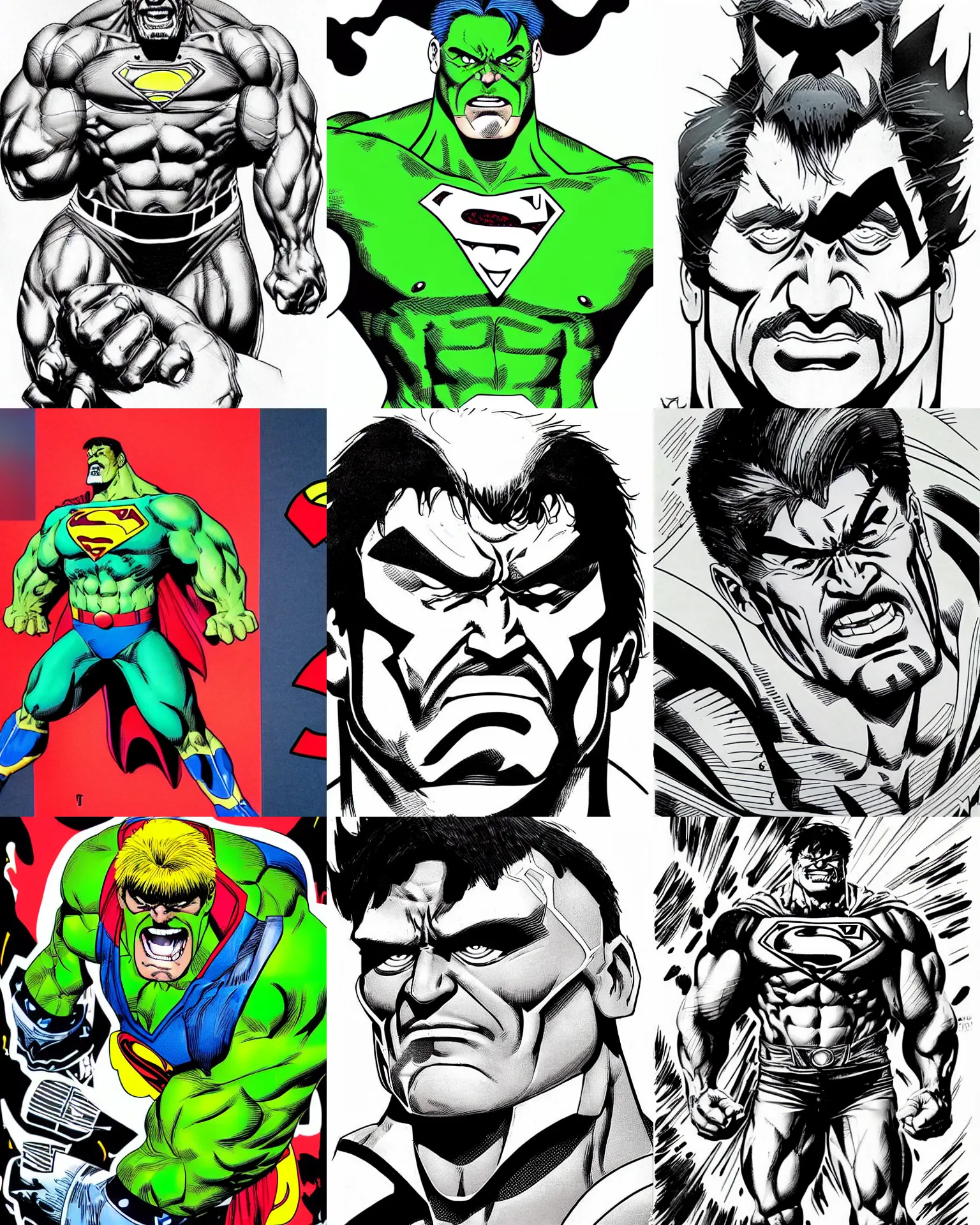 Prompt: hulk hogan!!! jim lee!!! flat ink sketch by jim lee face close up headshot superman costume in the style of jim lee, x - men superhero comic book character by jim lee