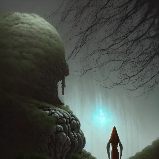 Image similar to stone humanoid colossus by grzegorz rutkowski and richard wright and peter mohrbacher and dan scott, atmospheric haze, stormy, forest, tiny woman in cloak in foreground silhouette, large scale