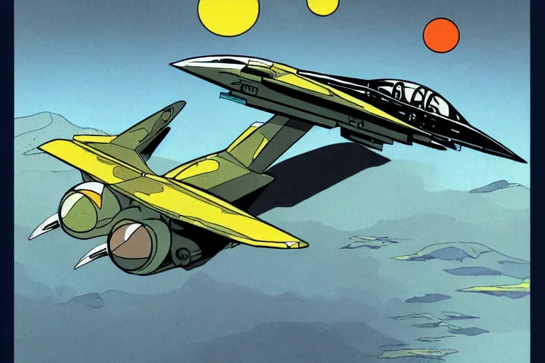 Image similar to a scifi illustration of a fururistic fighter jet. flat colors, limited palette in FANTASTIC PLANET La planète sauvage animation by René Laloux