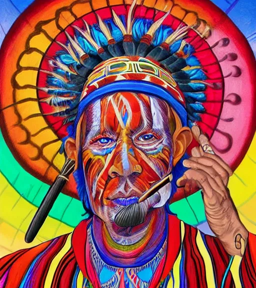 Prompt: Painting in a style of Alex Grey of a shaman dressed in a colorful traditional clothes. He is smoking a pipe