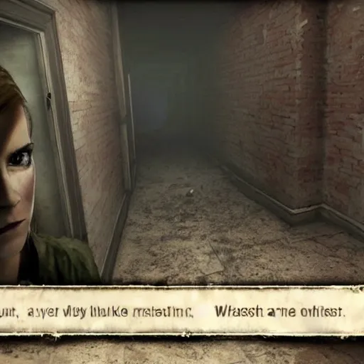 Prompt: Screenshot of Emma Watson as a character in Outlast video game