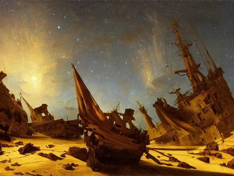 Image similar to an oil painting of an ancient shipwreck in the middle of an alien desert at dusk, aurora and stars light up the sky by carl spitzweg and tuomas korpi. baroque elements, full-length view. baroque element. intricate artwork by caravaggio. Trending on artstation. 8k