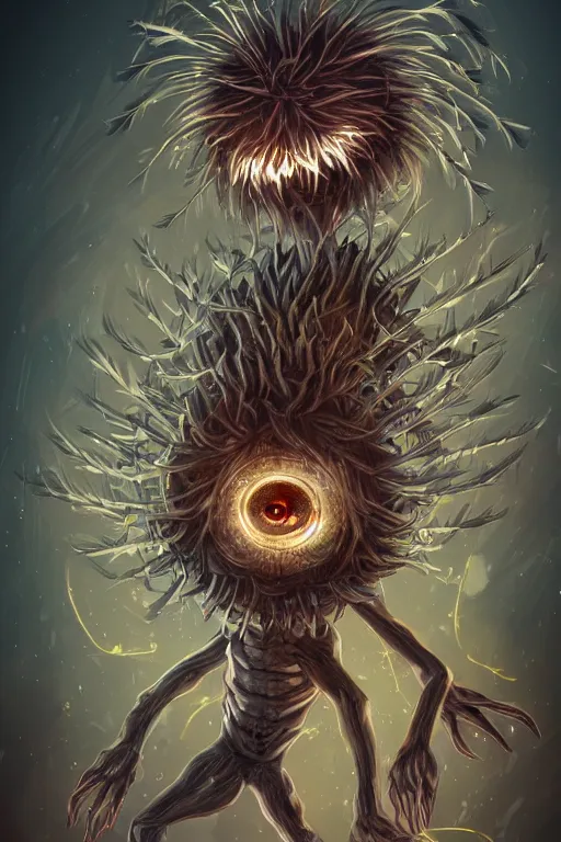 Image similar to a humanoid figure dandelion monster with large glowing eyes, highly detailed, digital art, sharp focus, trending on art station, artichoke, anime art style