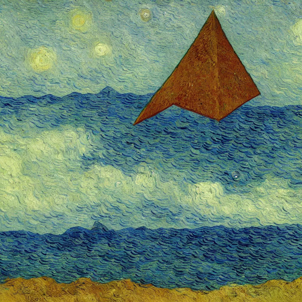Prompt: Giant levitating pyramid above the sea, oil painting by Vincent Van Gogh,