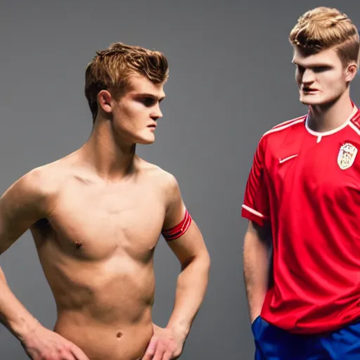 Image similar to a realistic detailed photo of a guy who is an attractive humanoid who is half robot and half humanoid, who is a male android, soccer players martin ødegaard & timo werner, shiny skin, posing like a statue, blank stare, in a factory, on display, showing off his muscles, gold soccer shorts, side view, looking at each other mindlessly