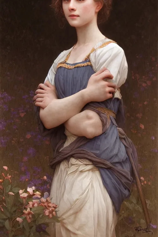 Image similar to Portrait of beautiful pale peasant girl, cinematic lighting, intricate, elegant, highly detailed, digital painting, artstation, smooth, sharp focus, illustration, art by artgerm and greg rutkowski and alphonse mucha and Wayne Barlowe and william-adolphe bouguereau