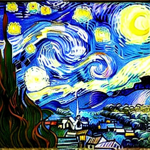 Image similar to starry night painted by leonardo da vinci