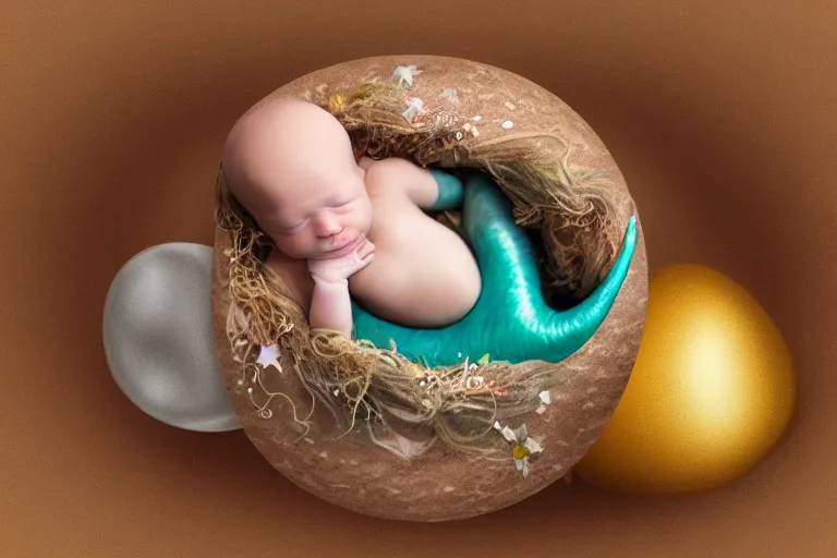 Image similar to a baby mermaid laying inside of an egg, photography, concept art, digital art, trending on artstation, 4 k, extremely detailed, realistic, photorealistic, anne geddes