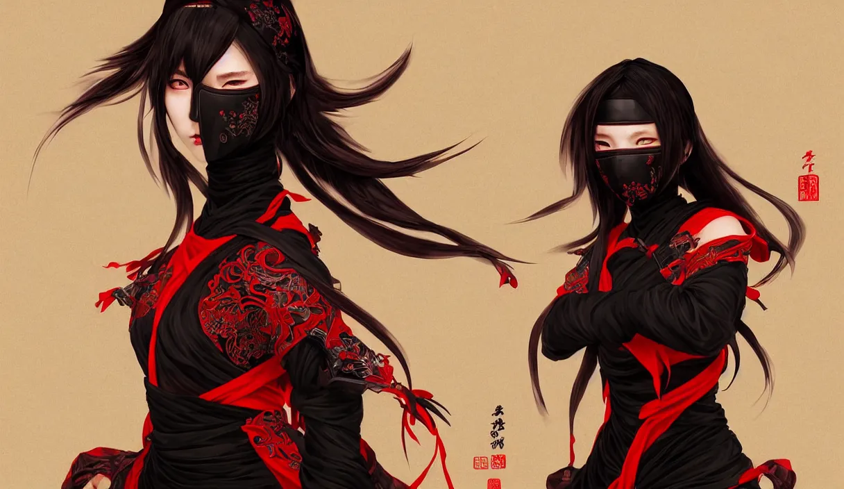 Prompt: portrait ninja mask ninja gaiden girl, black red color ninja wardrobe, in ruined yasukuni shrine, ssci - fi and fantasy, intricate and beautiful and elegant, digital painting, artstation, concept art, smooth and sharp focus, illustration, art by tian zi and wlop and alphonse mucha