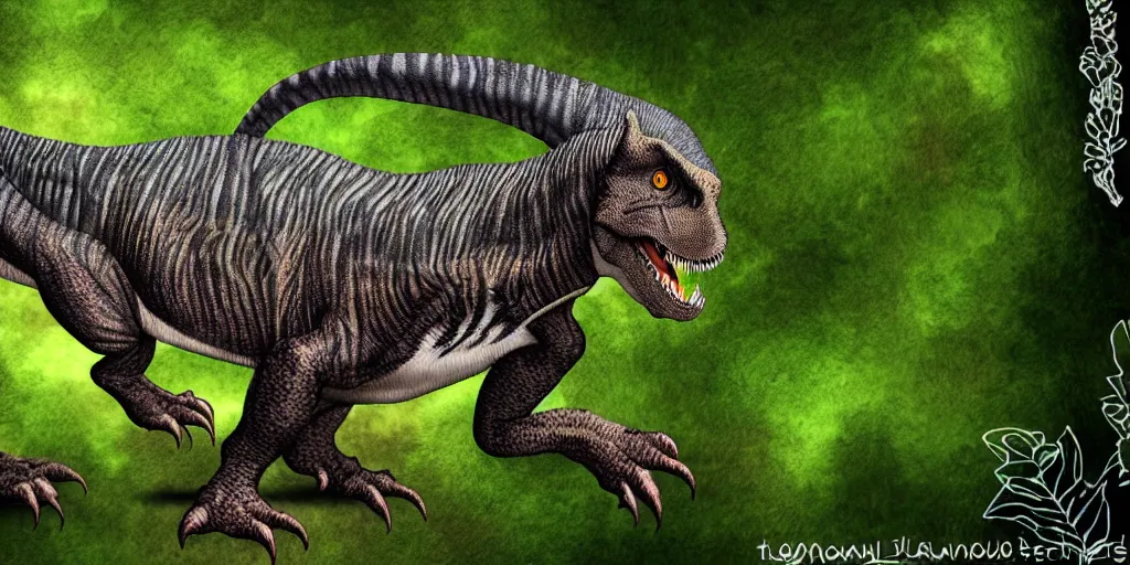 Image similar to tyrannosaurus rex cat hybrid, jungle background