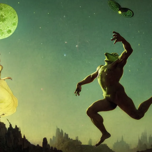 Prompt: a toad! with green muscular body, wearing yellow sleeveless shirt and black sport shorts, jumps to the sky and stars, cosmos, moon, by mucha and caspar david friedrich, atmospheric lighting, intricate detail, cgsociety, hyperrealistic, octane render, rpg portrait, ambient light, dynamic lighting