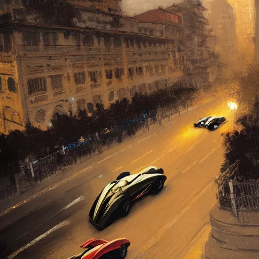 Image similar to a beautiful picture of a car race in the streets of monaco by greg rutkowski and theophile - alexandre steinlen trending on artstation