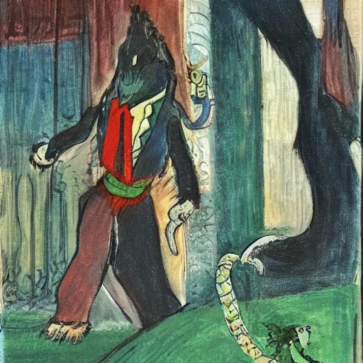 Prompt: navajo green by charles vess, by maurice utrillo accurate. a beautiful illustration of a snake eating its own tail that seems to go on forever.