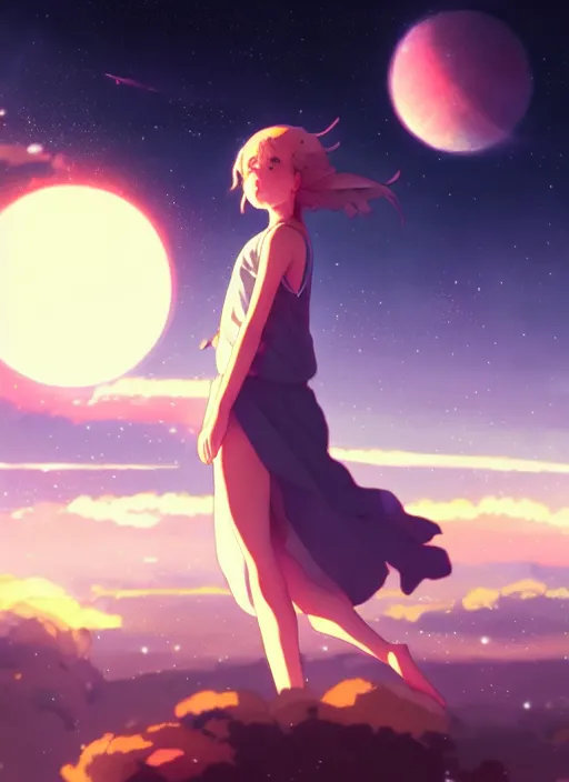 Prompt: girl floating on the night sky, gaint planet in the background, illustration concept art anime key visual trending pixiv fanbox by wlop and greg rutkowski and makoto shinkai and studio ghibli