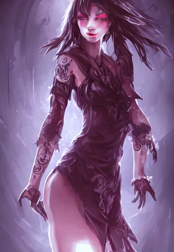 Image similar to mad necromancer seductive girl concept art, short dress, glowing eyes, symmetrical, rule of three, detailed body, full body, detailed face, ultradetailed digital illustration, 8 k, epic atmosphere, digital art by simon cowell