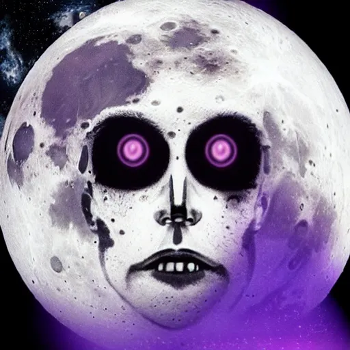 Image similar to a guy with purple eyes, completely dark aura, with black. magic powers, he's on the moon