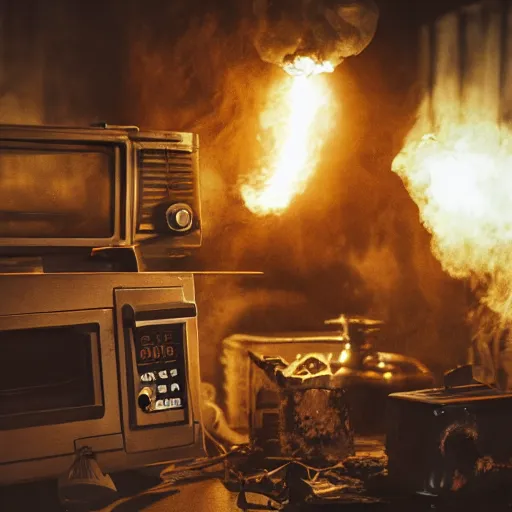 Image similar to cyborg with toaster oven for torso, dark messy smoke - filled cluttered workshop, dark, dramatic lighting, orange tint, sparks, cinematic, highly detailed, sci - fi, futuristic, movie still