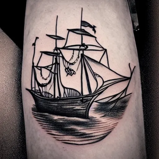 Image similar to a pirate ship sailing in the sea, realism tattoo design, amazing shades, clean white paper background, by Matteo Pasqualin tattoo artist