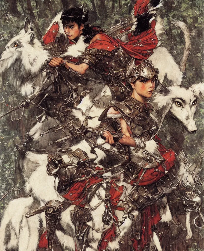 Image similar to portrait of fierce Princess Mononoke, fully clothed in armor, painted by norman rockwell, james gurney, denoised, sharp, architectural