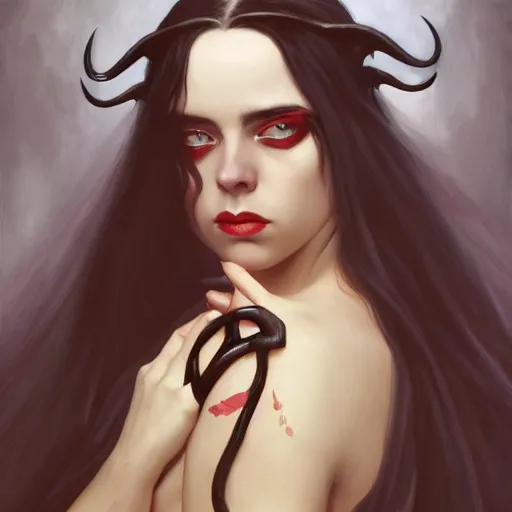 Image similar to Billie Eilish as a demon succubus, oil on canvas, noir effect, artstation, by J. C. Leyendecker and Edmund Blair Leighton and Charlie Bowater,--width 1600