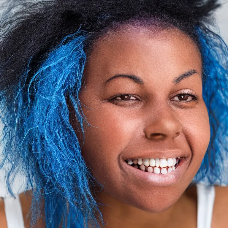 Prompt: A smiling black woman with blue hair and scar on the left cheek, portrait, very realistic, highly detailed