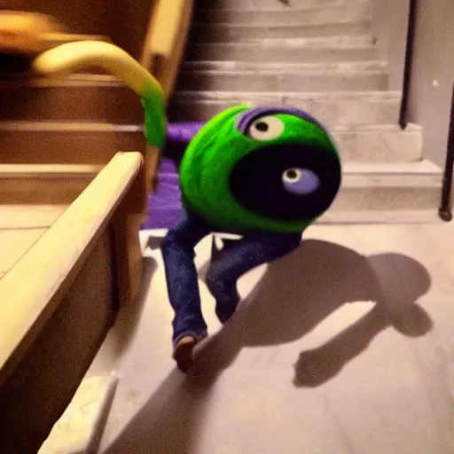 Image similar to mike wazowski falling down the stairs with a bucket of popcorn, iphone photo