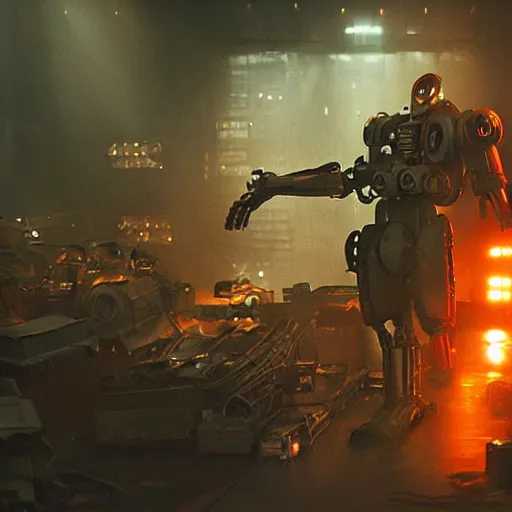 Image similar to mecha made from car parts, dark messy smoke - filled cluttered workshop, dark, dramatic lighting, orange tint, cinematic, highly detailed, sci - fi, futuristic, movie still from blade runner