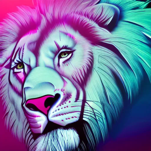 Prompt: vaporwave white lion close up with dynamic lighting and pastel pool background