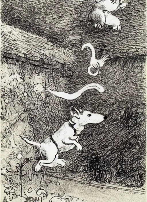 Prompt: jack russel terrier jumping from the ground over a small cottage, illustrated by peggy fortnum and beatrix potter and sir john tenniel