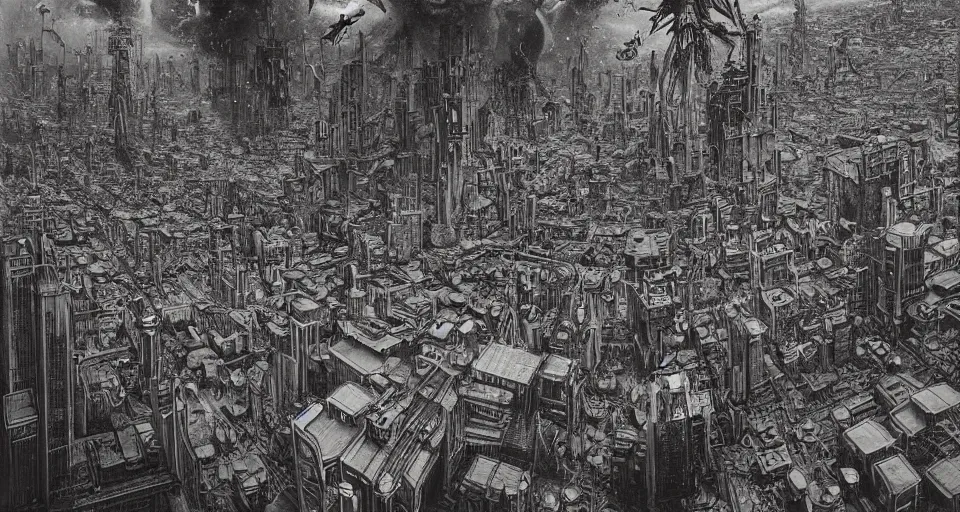 Prompt: a beautiful hyperrealistic ultradetailed matte painting of a giant hello kitty bot wreak havoc attacking surabaya city, by James Stokoe and harry clarke and Zdzisław Beksiński and Jakub Rozalski and HR Giger:3.00, dark, realistic, black smoke, oil, machine parts, dystopian, insane details, intricate, mecha, embers, trending on artstation, micro details, HD wallpaper, 8k