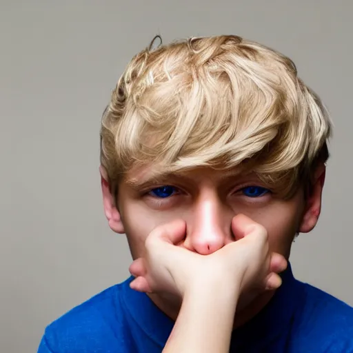 Image similar to portrait of a boy with his hand on his face, extremely realistic and real, photorealistic, blonde hair and blue eyes, detailed facial structure, real eyes that are detailed, real hands