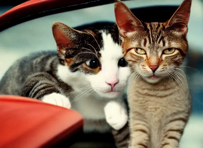 Image similar to A very high resolution image from a new movie, a cat driging around, inside of a car , mountains, Polaroid, directed by wes anderson