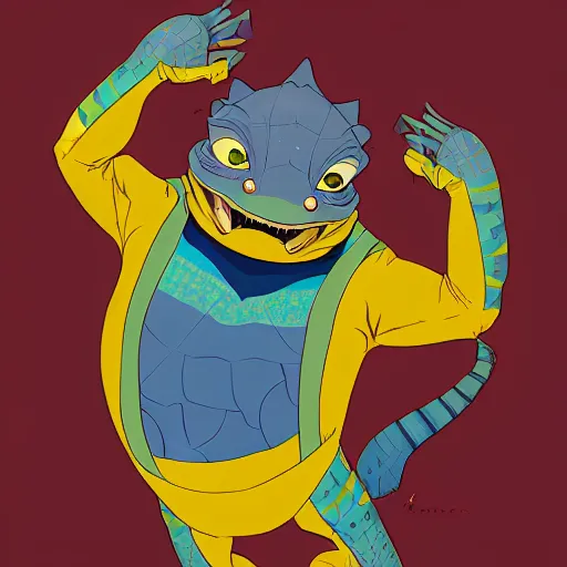 Image similar to in the style of artgerm, loish and ross tran, anthropomorphic alligator, symmetrical face, symmetrical eyes, red scales on his back, yellow scale on his belly and chest, male, waring a hawaiian shirt, in the style of zootopia