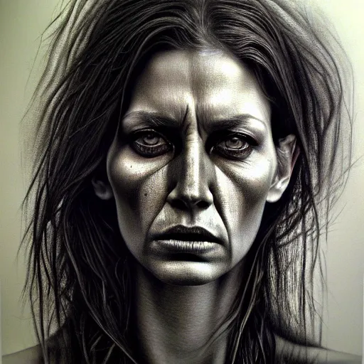 Image similar to painted closeup portrait of intense woman, fierce, fantasy, intricate, elegant, extremely detailed by by chuck close, charcoal on canvas