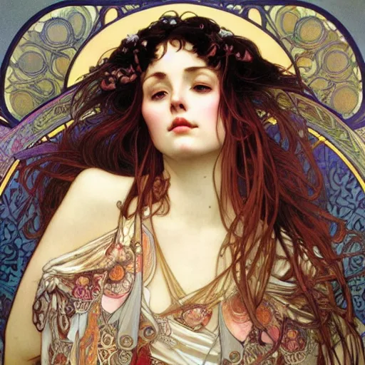 Prompt: realistic detailed face portrait of Salome by Alphonse Mucha, Ayami Kojima, Amano, Charlie Bowater, Karol Bak, Greg Hildebrandt, Jean Delville, and Mark Brooks, Art Nouveau, Neo-Gothic, gothic, rich deep colors