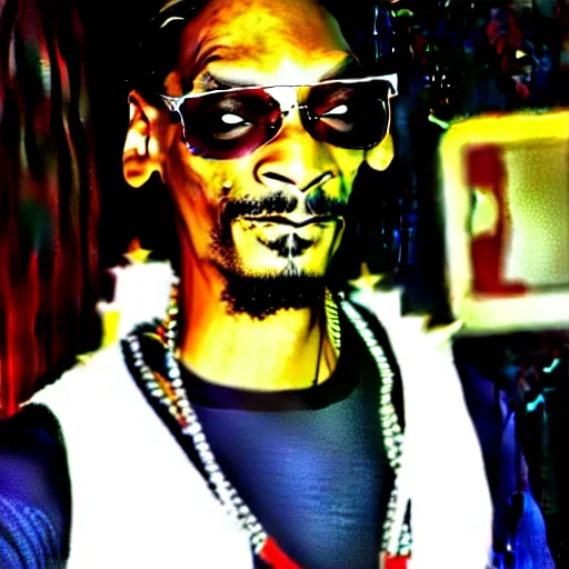 Image similar to Snoop Dog with big eyes eye color red , smiling and holding a joint in his hand