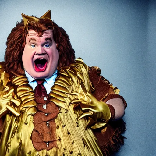 Prompt: snl chris farley as the cowardly lion of oz, studio poster photography, trending on artstation, featured on deviantart, award winning costume