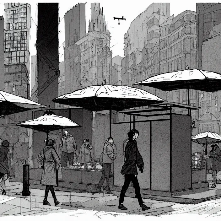 Image similar to market stall with umbrellas for sale, in a square, pedestrians walk past. background of old soviet monument. storyboard, scifi cyberpunk. by gabriel hardman, joe alves, chris bonura. cinematic atmosphere, detailed and intricate, perfect anatomy