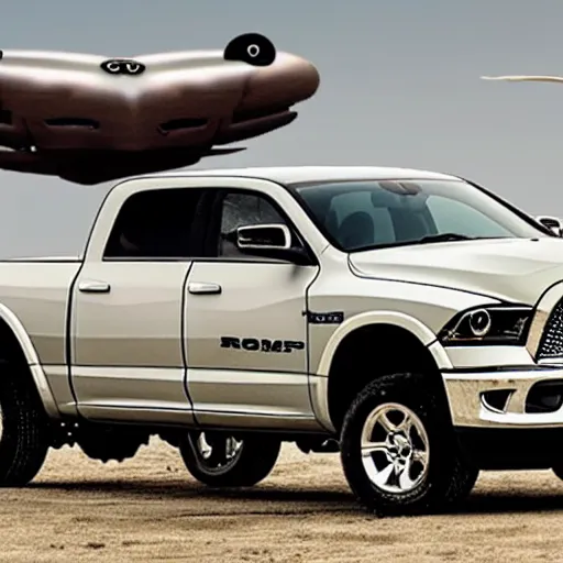 Image similar to photograph of a new dodge ram flying in the sky