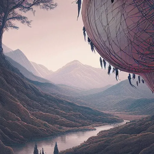 Image similar to landscape with forest, river and mountains made of all kinds of baloons , concept art, huge scale, high detail, sci fi by James Jean