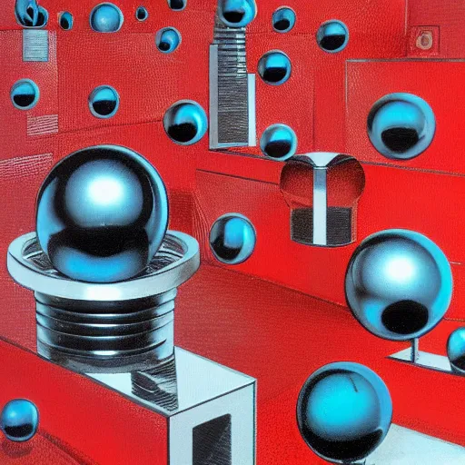 Prompt: chrome spheres on a red cube by robert williams