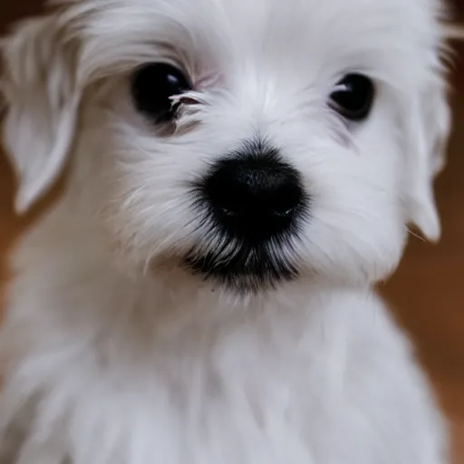 Prompt: photo of white maltese puppy dog staring into camera, photorealistic